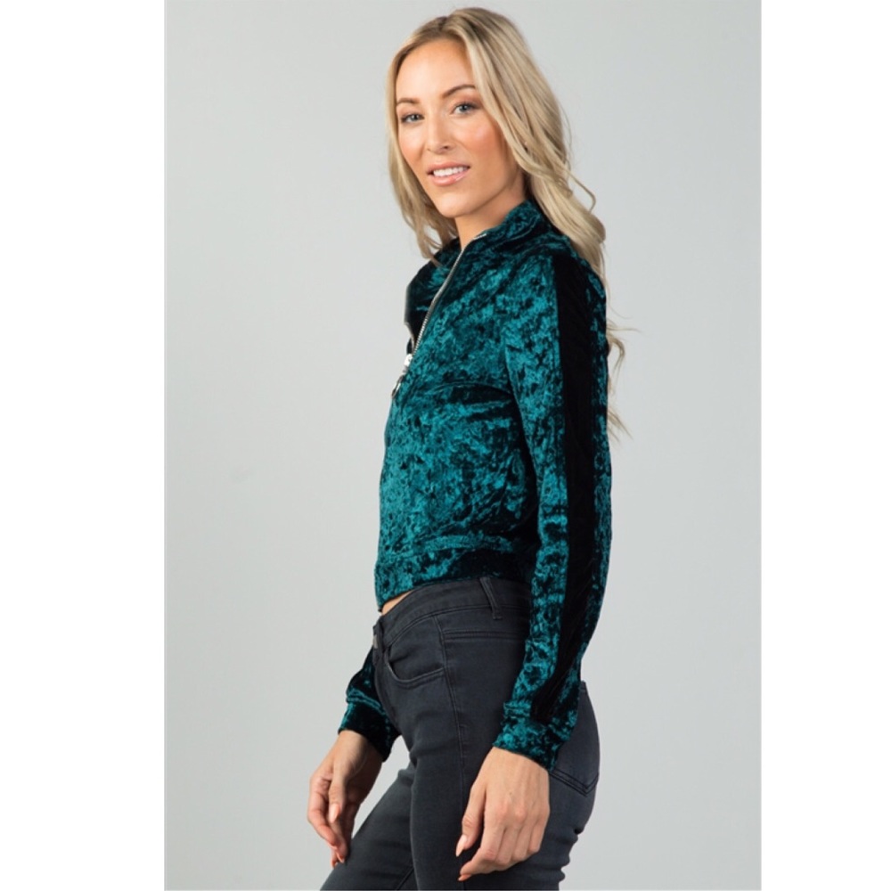 Green Velvet Zip Up Bomber Jacket - Picture 3 of 7